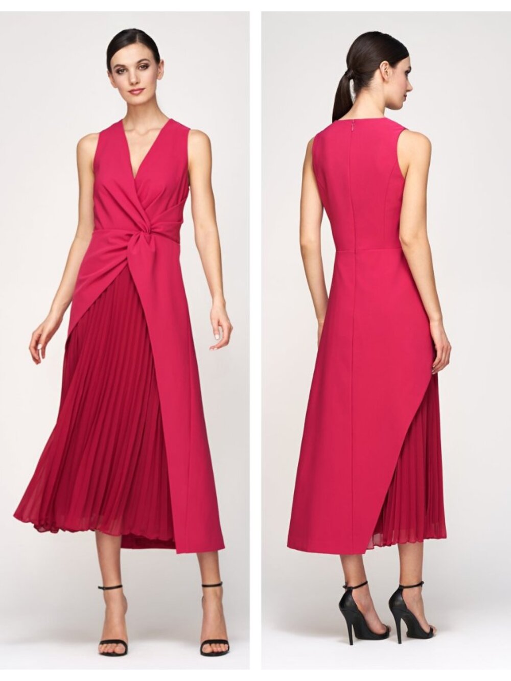 Kay Unger Fuchsia Knot-Front Midi Dress with Pleated Skirt